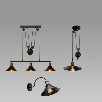 Suspension contemporaine en fer industriel avec abat-jour conique et poulie de levage 1/3 lumières pour salon 