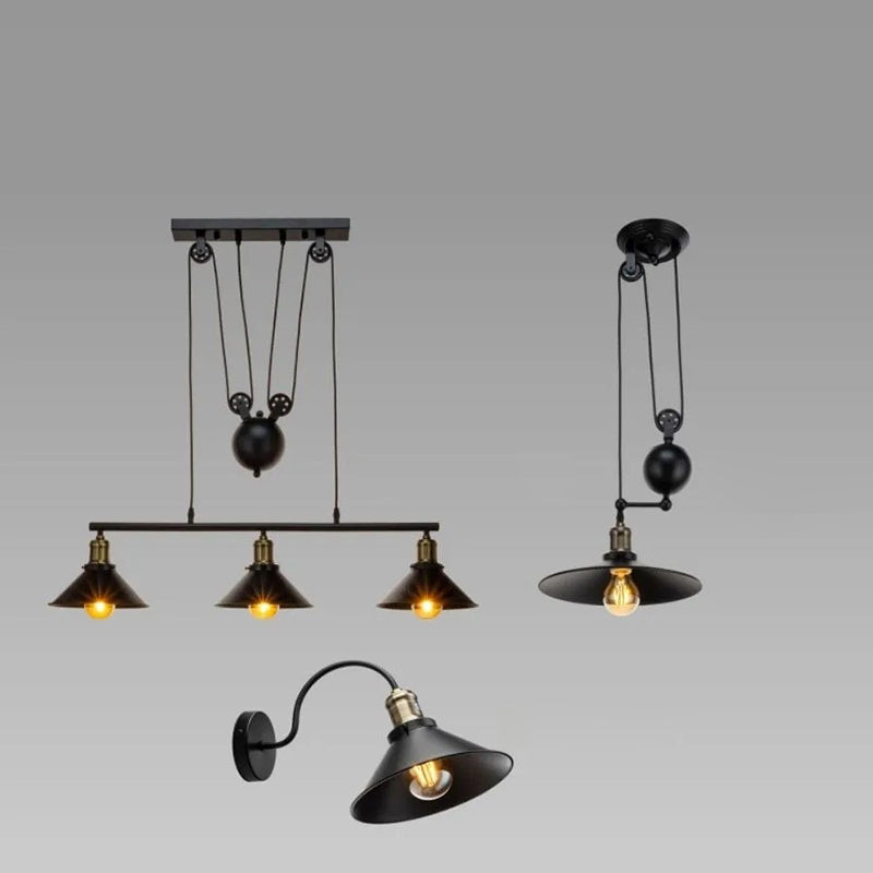 Suspension contemporaine en fer industriel avec abat-jour conique et poulie de levage 1/3 lumières pour salon 