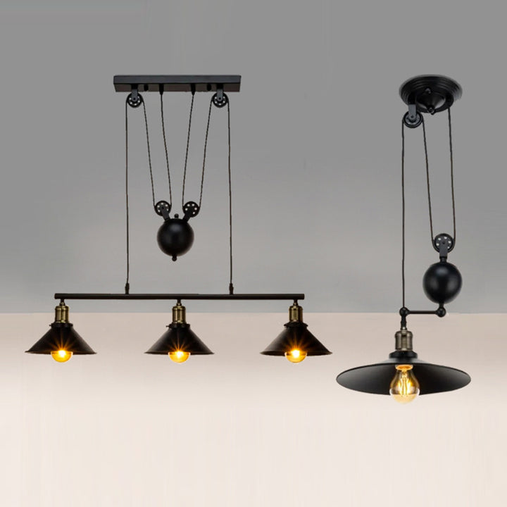 Contemporary Industrial Iron Conical Shade Lifting Pulley 1/3-Light Island Light Chandelier For Living Room