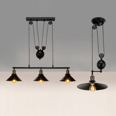Suspension contemporaine en fer industriel avec abat-jour conique et poulie de levage 1/3 lumières pour salon 