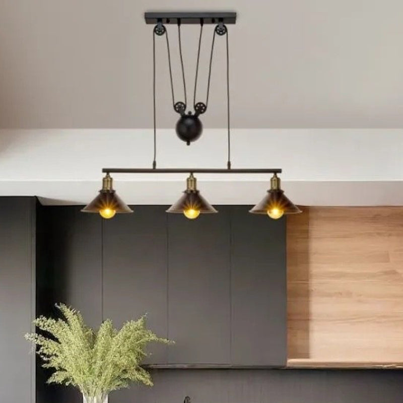 Suspension contemporaine en fer industriel avec abat-jour conique et poulie de levage 1/3 lumières pour salon 