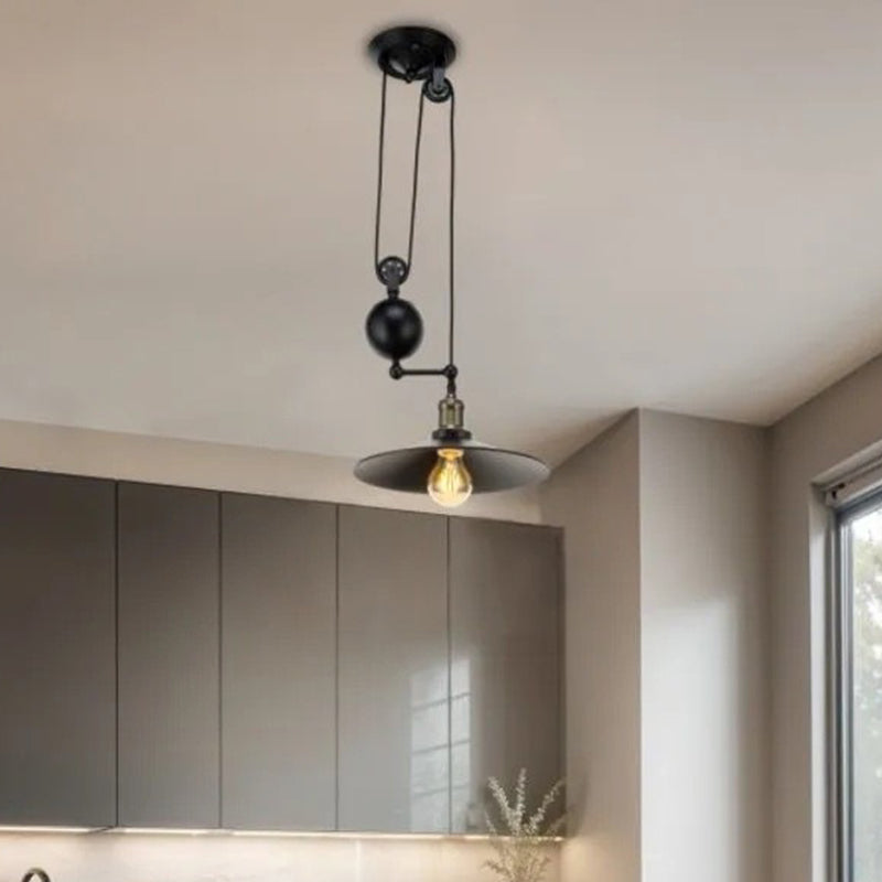 Suspension contemporaine en fer industriel avec abat-jour conique et poulie de levage 1/3 lumières pour salon 