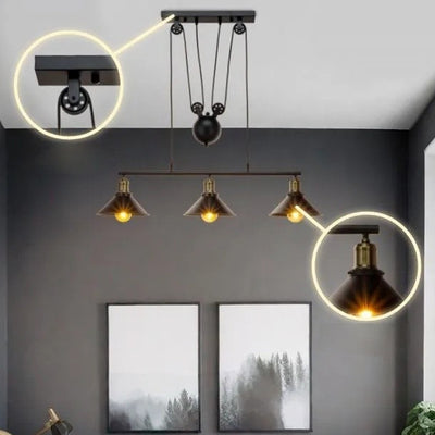 Suspension contemporaine en fer industriel avec abat-jour conique et poulie de levage 1/3 lumières pour salon 