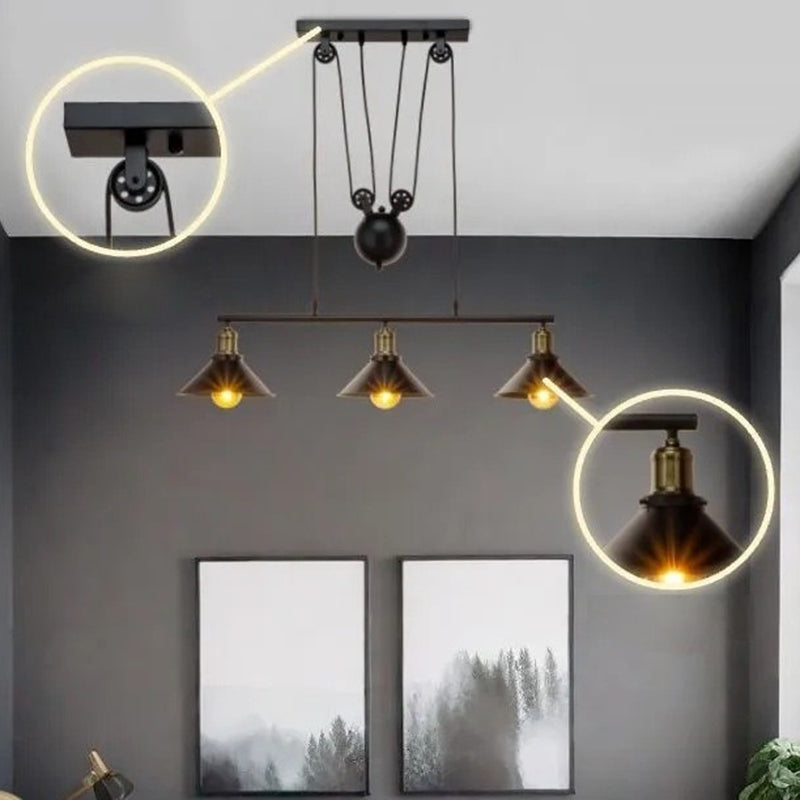 Suspension contemporaine en fer industriel avec abat-jour conique et poulie de levage 1/3 lumières pour salon 
