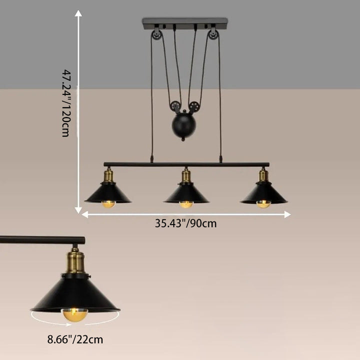 Contemporary Industrial Iron Conical Shade Lifting Pulley 1/3-Light Island Light Chandelier For Living Room