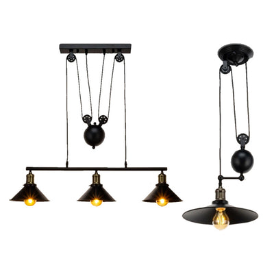 Suspension contemporaine en fer industriel avec abat-jour conique et poulie de levage 1/3 lumières pour salon 