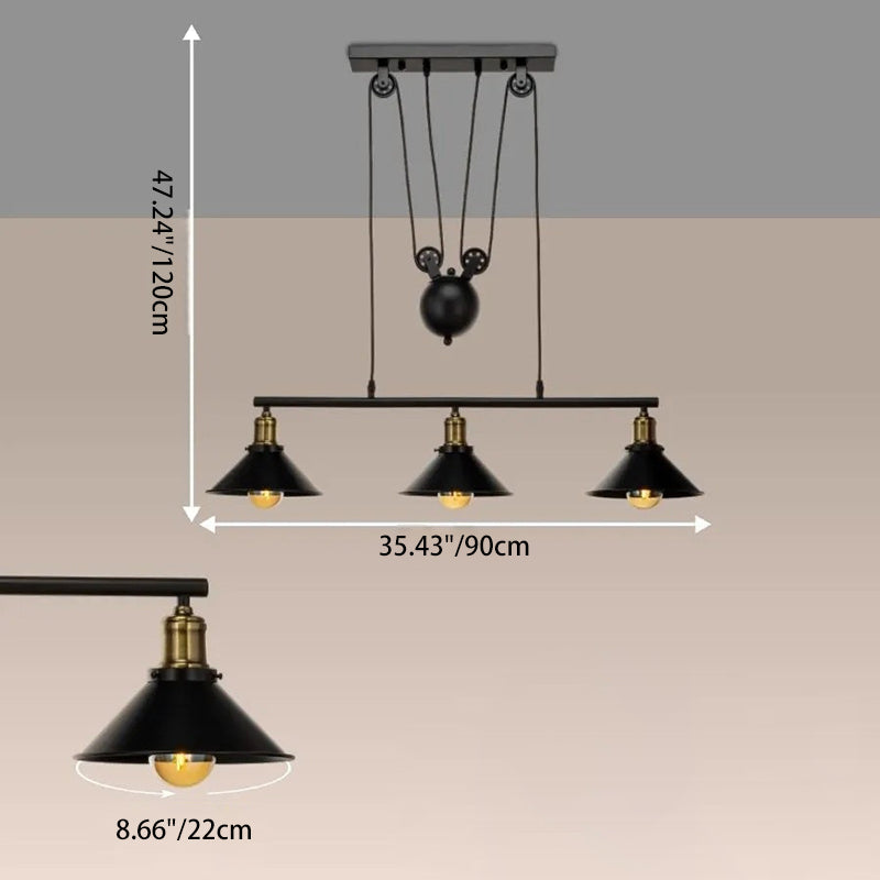 Suspension contemporaine en fer industriel avec abat-jour conique et poulie de levage 1/3 lumières pour salon 