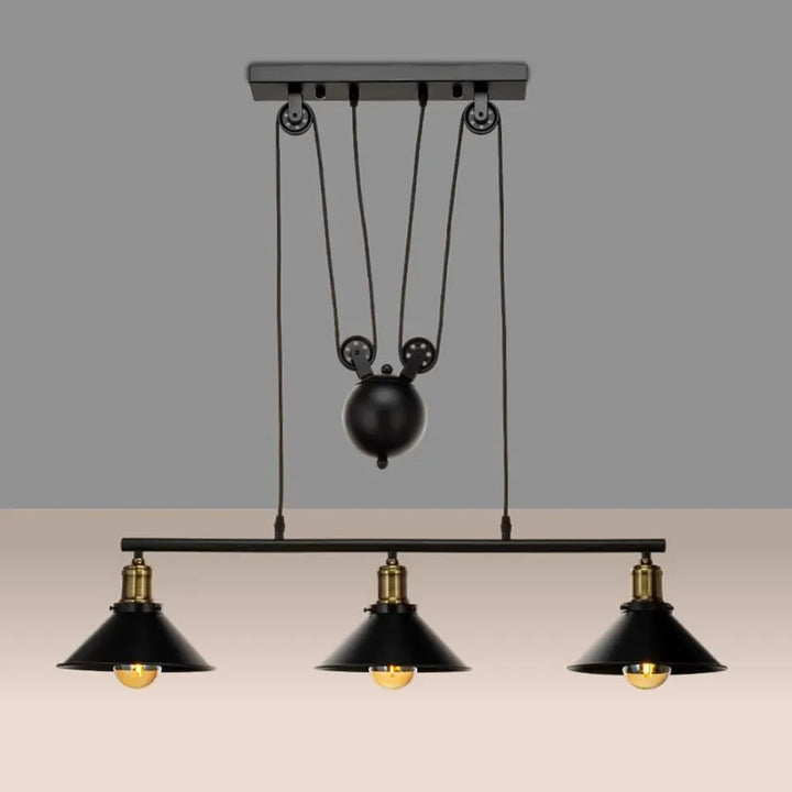 Contemporary Industrial Iron Conical Shade Lifting Pulley 1/3-Light Island Light Chandelier For Living Room