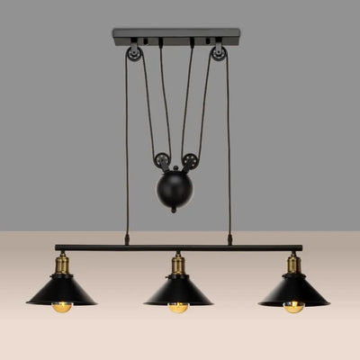 Suspension contemporaine en fer industriel avec abat-jour conique et poulie de levage 1/3 lumières pour salon 