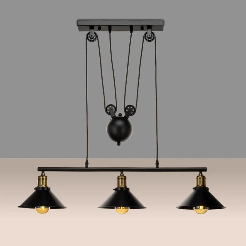 Suspension contemporaine en fer industriel avec abat-jour conique et poulie de levage 1/3 lumières pour salon 