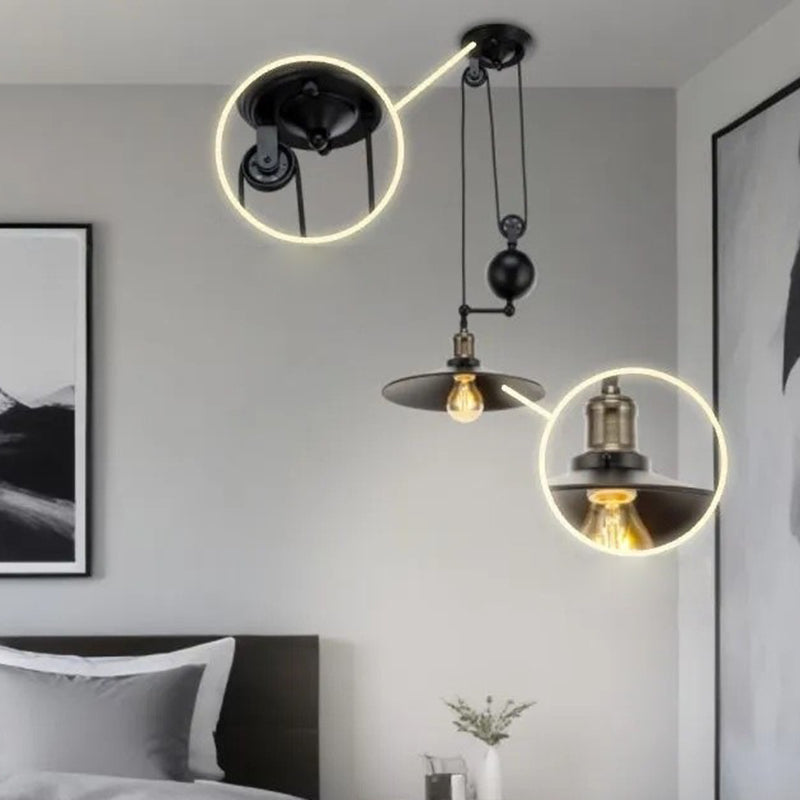 Suspension contemporaine en fer industriel avec abat-jour conique et poulie de levage 1/3 lumières pour salon 