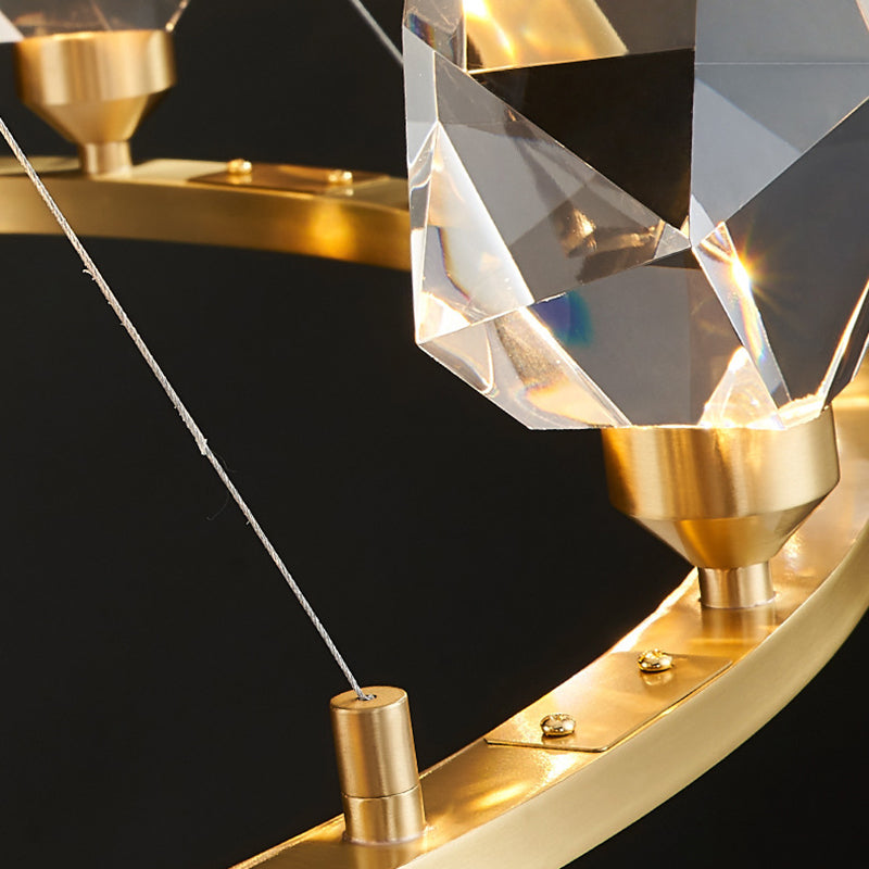 Contemporary Luxury Round Brass Frame Crystal Stone Shade 10-Light Chandelier For Living Room