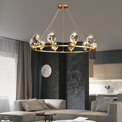 Contemporary Luxury Round Brass Frame Crystal Stone Shade 10-Light Chandelier For Living Room