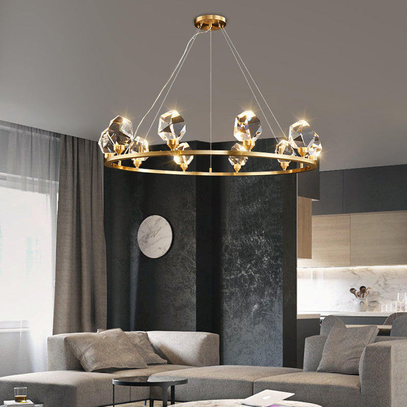 Contemporary Luxury Round Brass Frame Crystal Stone Shade 10-Light Chandelier For Living Room