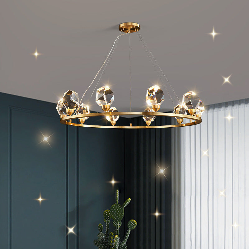Contemporary Luxury Round Brass Frame Crystal Stone Shade 10-Light Chandelier For Living Room