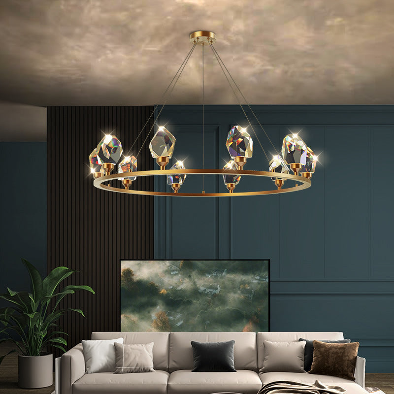 Contemporary Luxury Round Brass Frame Crystal Stone Shade 10-Light Chandelier For Living Room