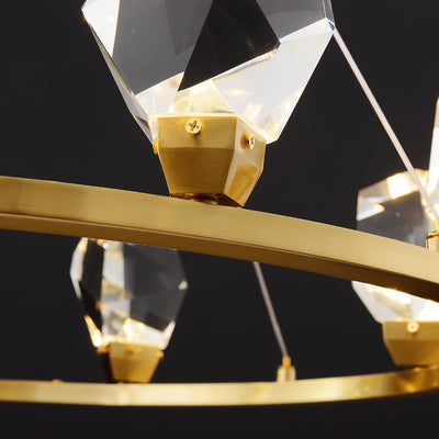 Contemporary Luxury Round Brass Frame Crystal Stone Shade 10-Light Chandelier For Living Room