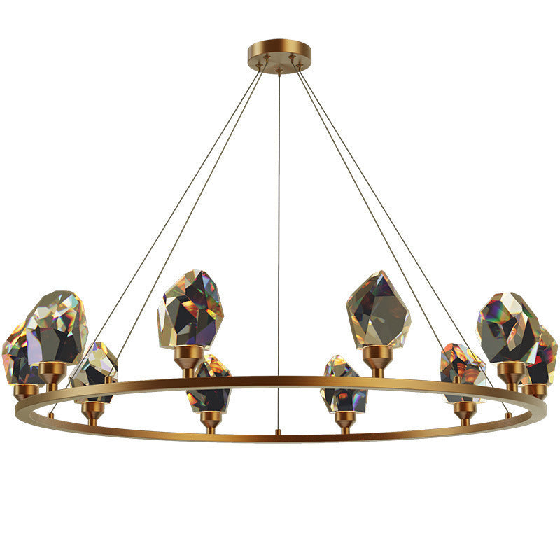 Contemporary Luxury Round Brass Frame Crystal Stone Shade 10-Light Chandelier For Living Room