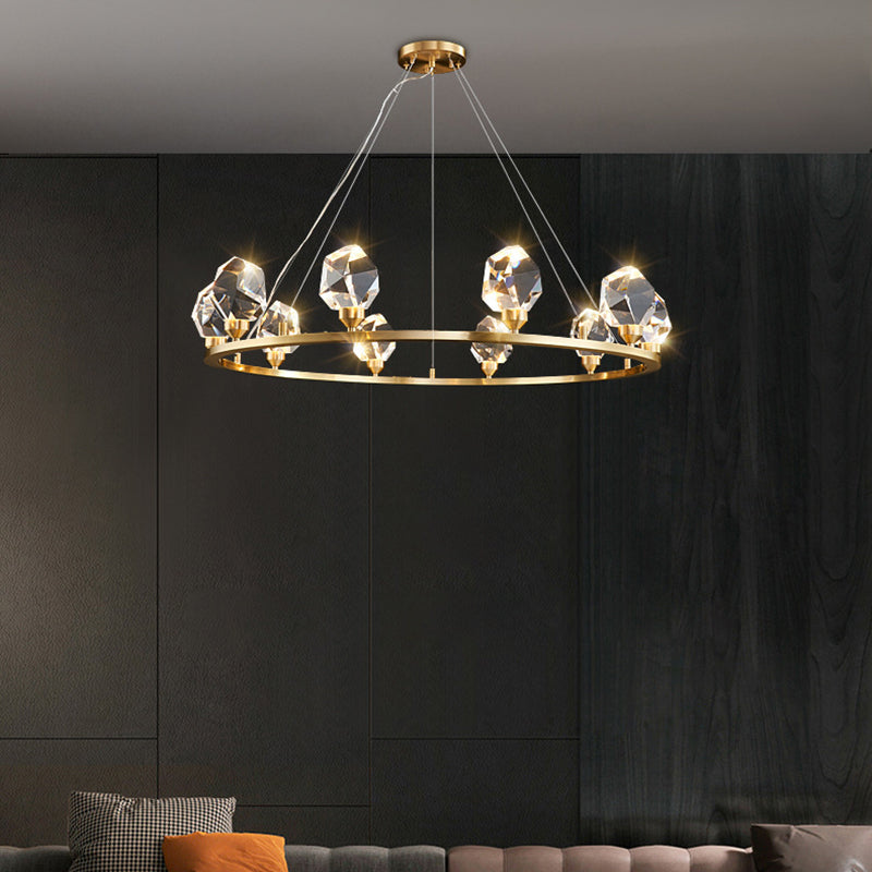Contemporary Luxury Round Brass Frame Crystal Stone Shade 10-Light Chandelier For Living Room