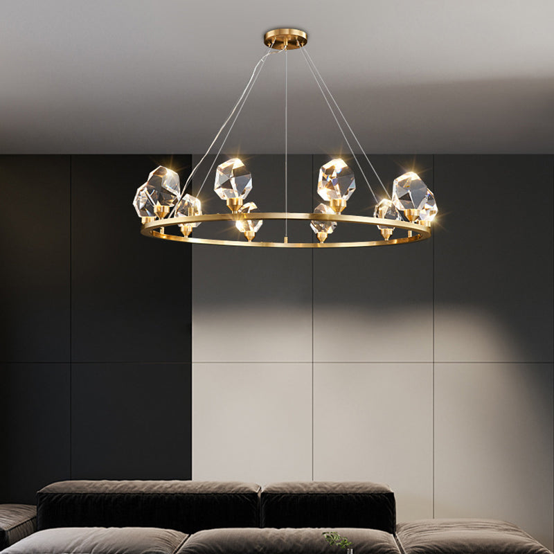 Contemporary Luxury Round Brass Frame Crystal Stone Shade 10-Light Chandelier For Living Room