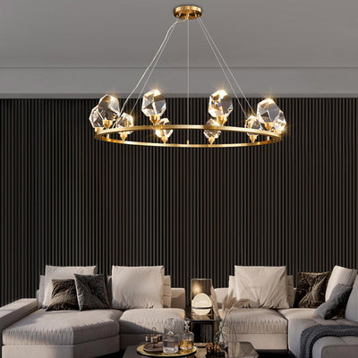 Contemporary Luxury Round Brass Frame Crystal Stone Shade 10-Light Chandelier For Living Room