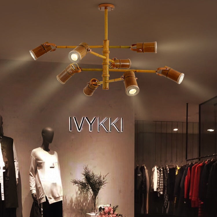 Traditional Rustic Creative Bamboo Tube Shade Iron LED Spotlight Chandelier For Living Room