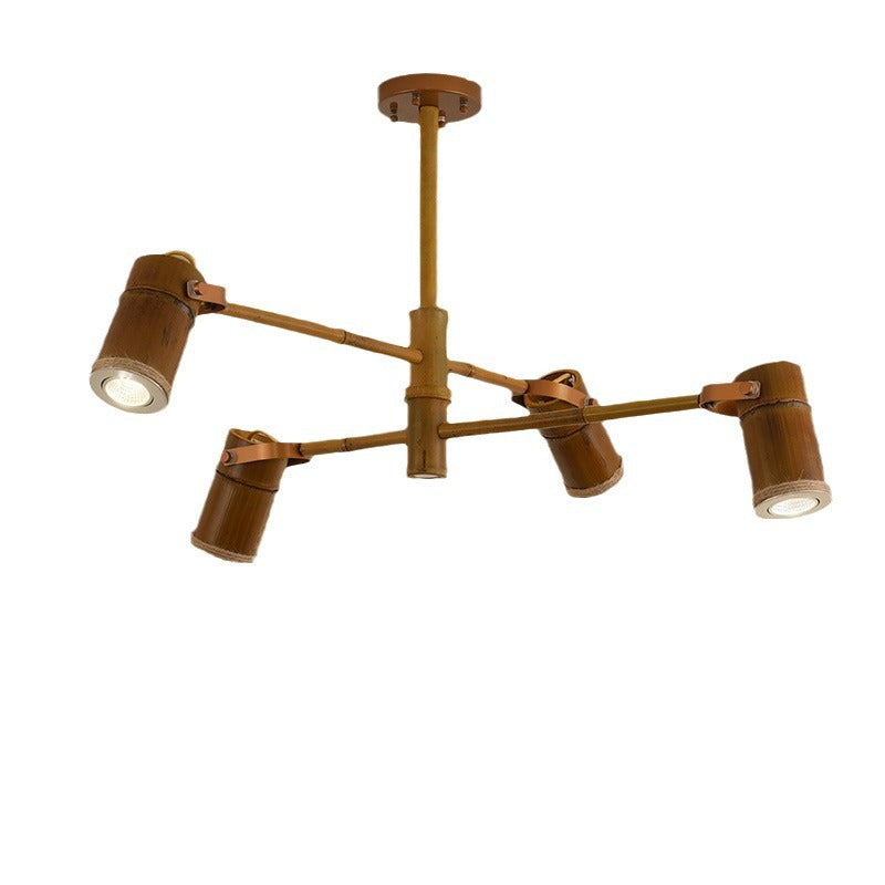 Lustre LED en fer avec abat-jour en tube de bambou rustique traditionnel et créatif pour salon 