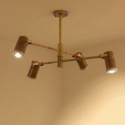 Traditional Rustic Creative Bamboo Tube Shade Iron LED Spotlight Chandelier For Living Room