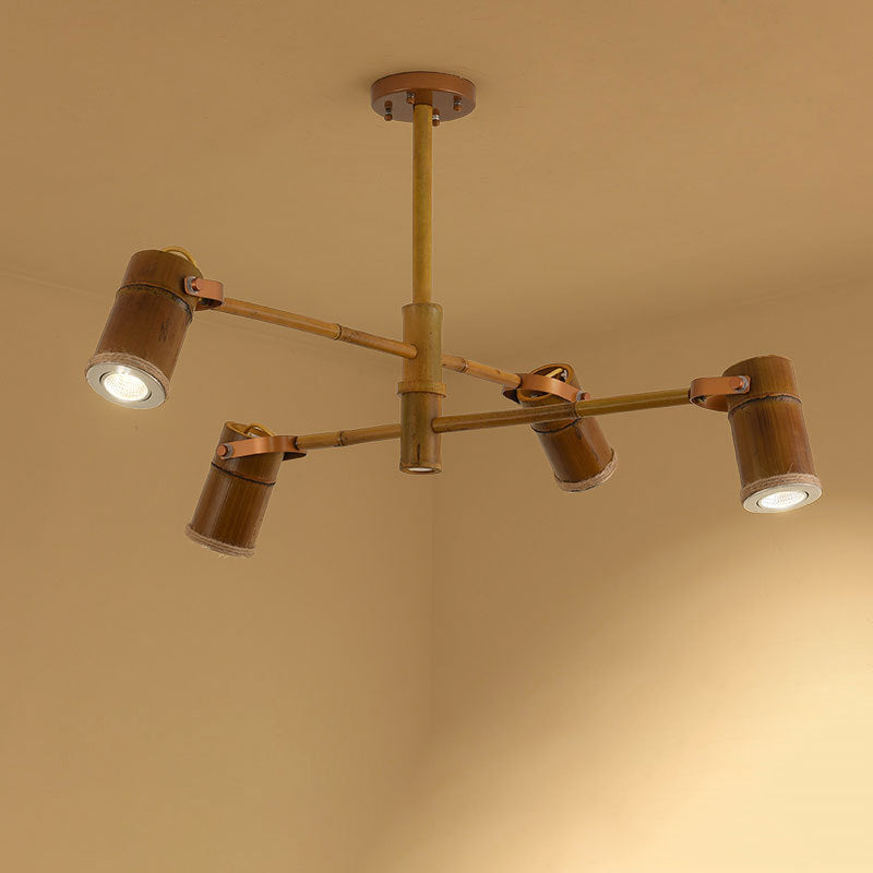 Traditional Rustic Creative Bamboo Tube Shade Iron LED Spotlight Chandelier For Living Room