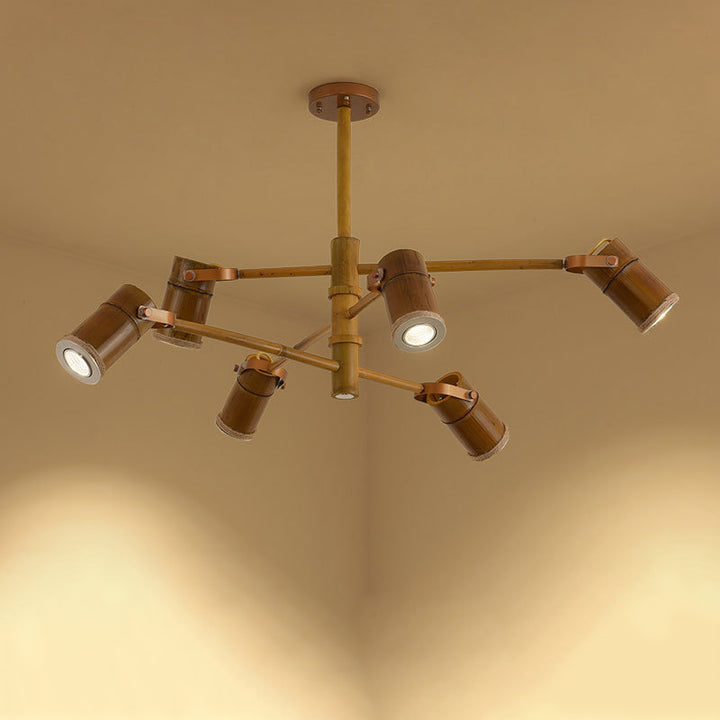Lustre LED en fer avec abat-jour en tube de bambou rustique traditionnel et créatif pour salon 