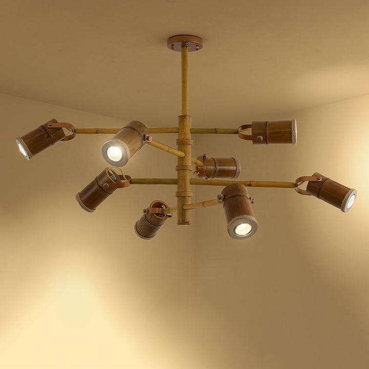Lustre LED en fer avec abat-jour en tube de bambou rustique traditionnel et créatif pour salon 