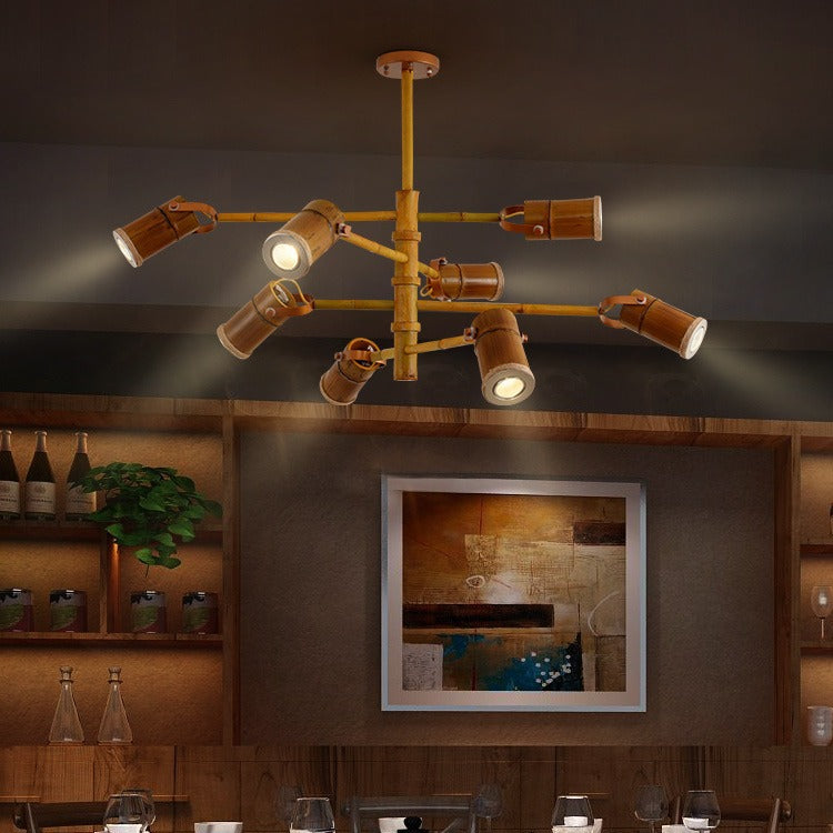 Traditional Rustic Creative Bamboo Tube Shade Iron LED Spotlight Chandelier For Living Room