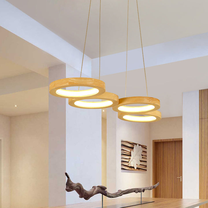 Traditional Japanese Solid Wood Geometry Circle Ring LED Chandelier Island Light For Living Room