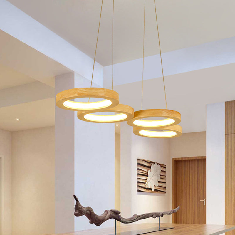Traditioneller japanischer Kronleuchter aus massivem Holz mit geometrischem Kreisring und LED für das Wohnzimmer 