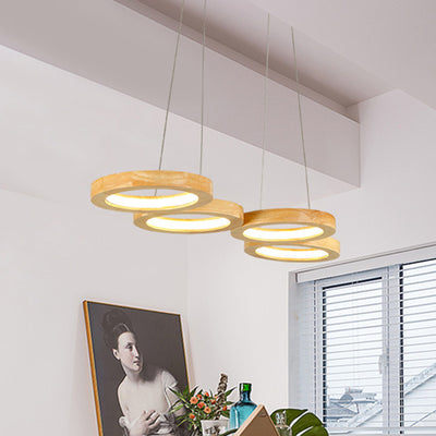 Traditioneller japanischer Kronleuchter aus massivem Holz mit geometrischem Kreisring und LED für das Wohnzimmer 