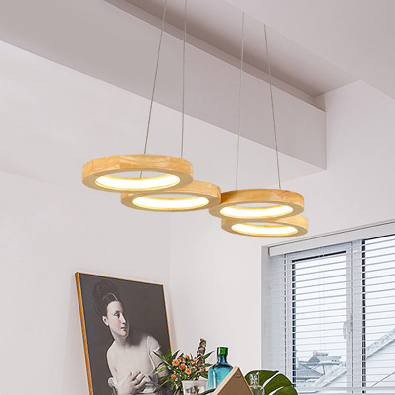 Traditioneller japanischer Kronleuchter aus massivem Holz mit geometrischem Kreisring und LED für das Wohnzimmer 