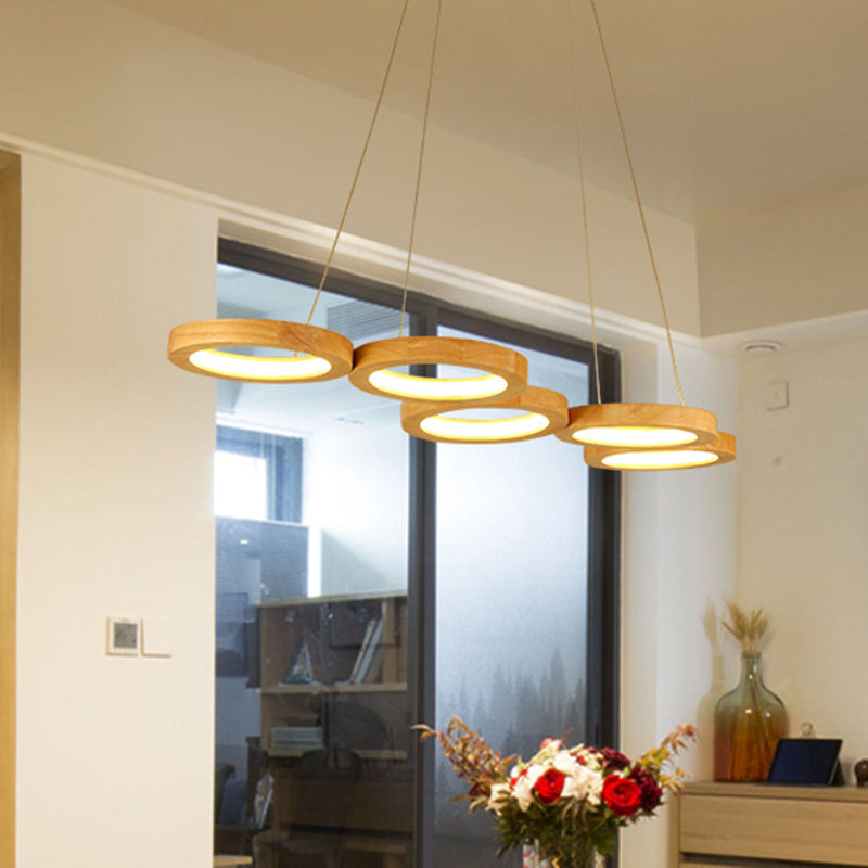 Traditioneller japanischer Kronleuchter aus massivem Holz mit geometrischem Kreisring und LED für das Wohnzimmer 