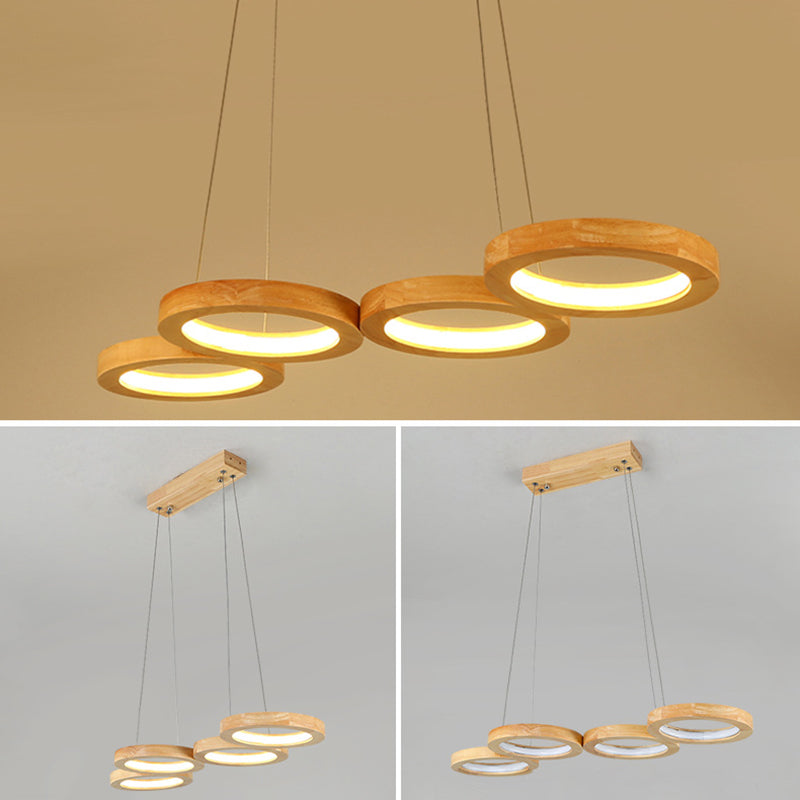 Traditional Japanese Solid Wood Geometry Circle Ring LED Chandelier Island Light For Living Room