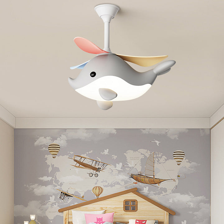 Contemporary Scandinavian Cartoon Whale Plane Iron Acrylic Shade ABS Fan LED Downrods Ceiling Fan Light For Bedroom