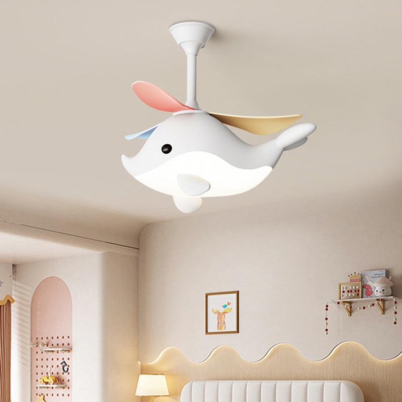 Contemporary Scandinavian Cartoon Whale Plane Iron Acrylic Shade ABS Fan LED Downrods Ceiling Fan Light For Bedroom