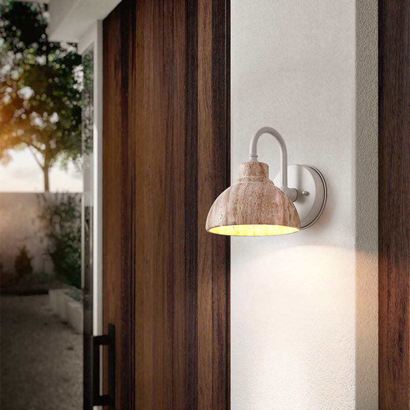 Traditional Japanese Beige Travertine Semicircle Shade Hardware 1-Light Wall Sconce Lamp For Living Room