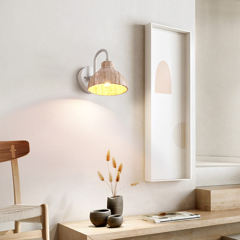 Traditional Japanese Beige Travertine Semicircle Shade Hardware 1-Light Wall Sconce Lamp For Living Room
