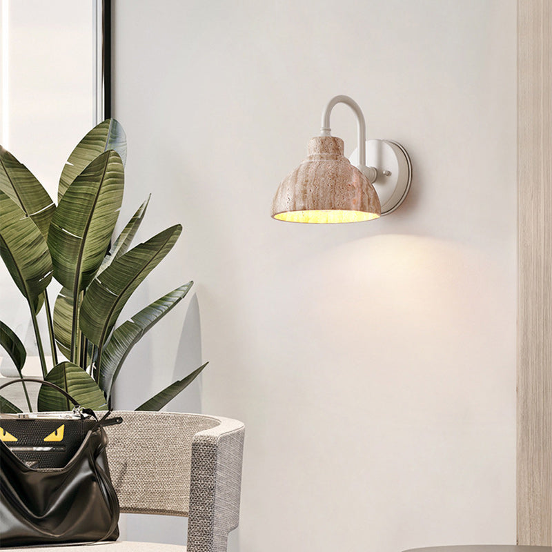 Traditional Japanese Beige Travertine Semicircle Shade Hardware 1-Light Wall Sconce Lamp For Living Room