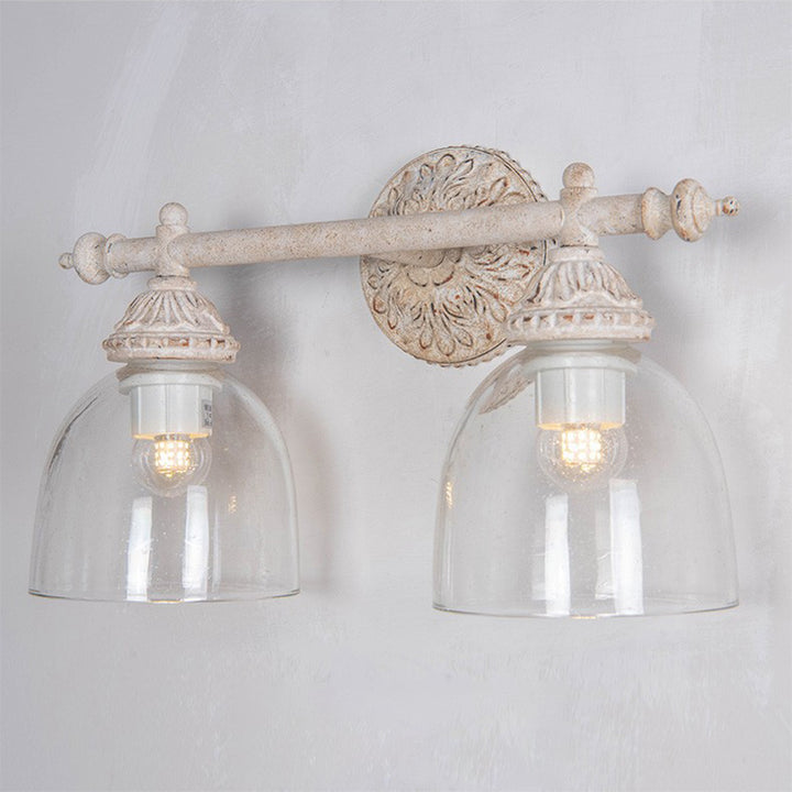 Traditional Rustic Distressed Carved Iron Glass Cup Shade 2-Light Mirror Front Wall Sconce Lamp For Bathroom