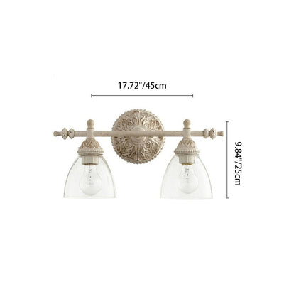 Traditionelle rustikale geschnitzte Eisen-Glas-Becher-Schirm 2-Licht-Spiegel-Front-Wandlampe für Badezimmer 