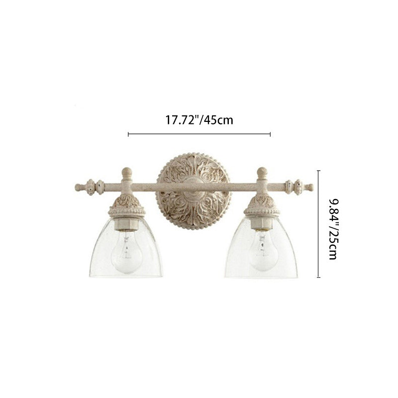 Traditionelle rustikale geschnitzte Eisen-Glas-Becher-Schirm 2-Licht-Spiegel-Front-Wandlampe für Badezimmer 