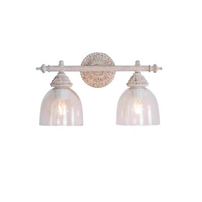 Traditionelle rustikale geschnitzte Eisen-Glas-Becher-Schirm 2-Licht-Spiegel-Front-Wandlampe für Badezimmer 