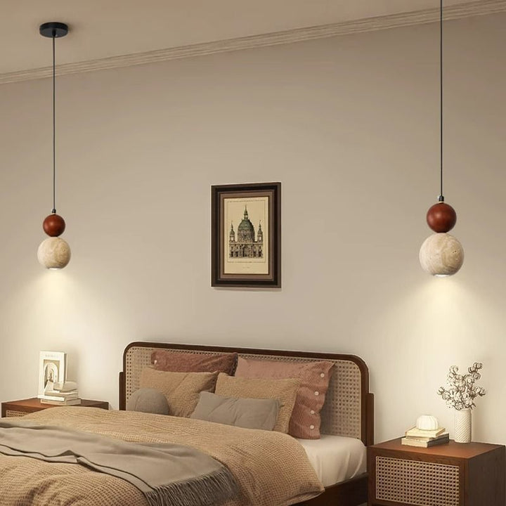 Suspension lumineuse contemporaine rétro en travertin avec abat-jour en forme de globe et bois 1 lumière pour chambre 