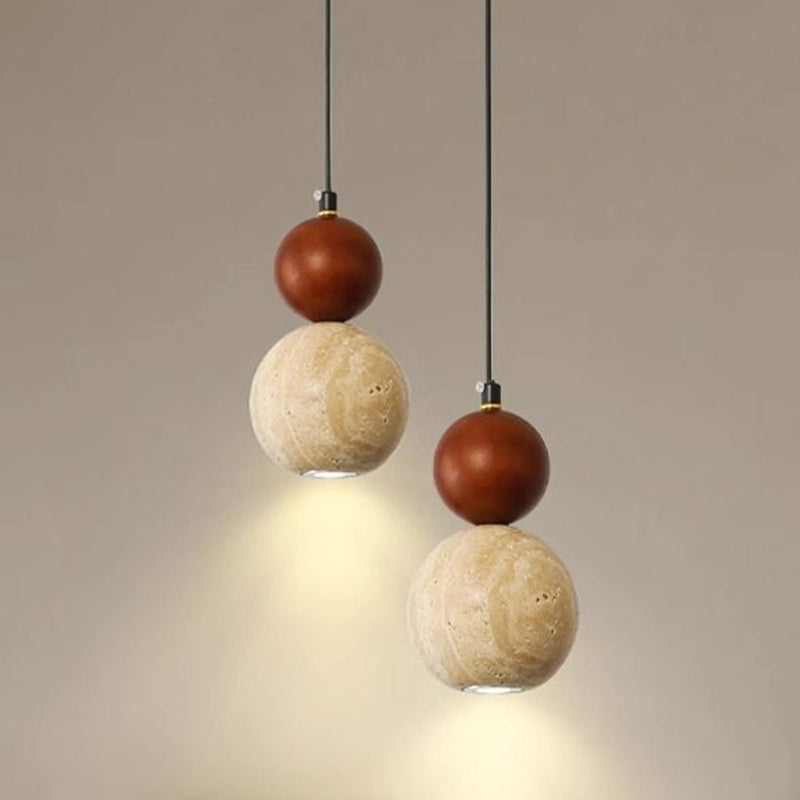 Suspension lumineuse contemporaine rétro en travertin avec abat-jour en forme de globe et bois 1 lumière pour chambre 