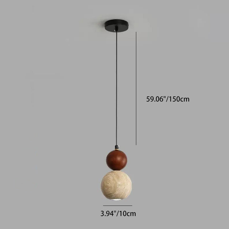 Suspension lumineuse contemporaine rétro en travertin avec abat-jour en forme de globe et bois 1 lumière pour chambre 